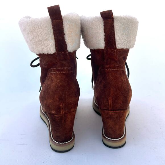 Napoleoni Perisa Suede Wedge Heeled Boots Shearling Camel 37 Lace Up Tan 7 - Picture 7 of 9